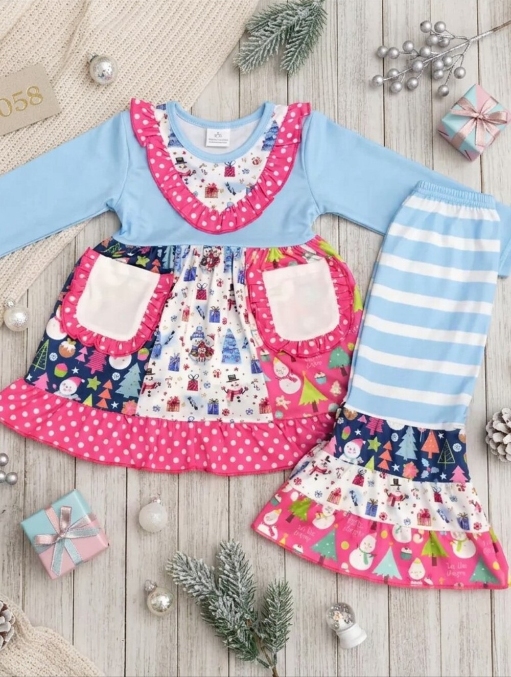Girls Pink & Light Blue Holiday RuffleTunic And Bell Bottom Set